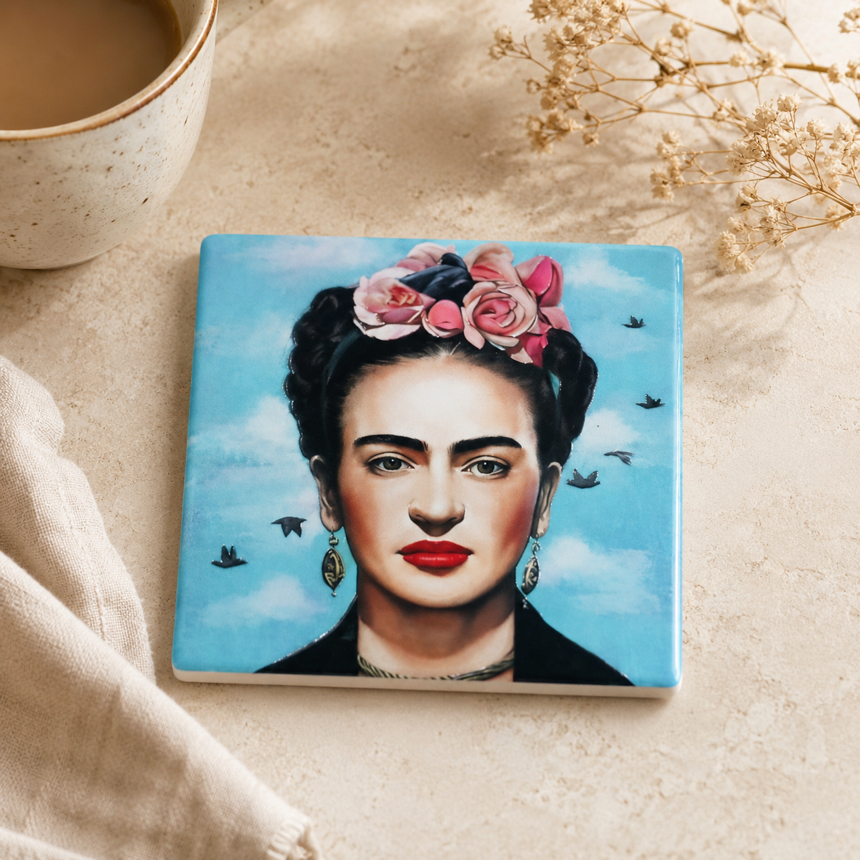 Frida-Inspired Ceramic Tile Coasters