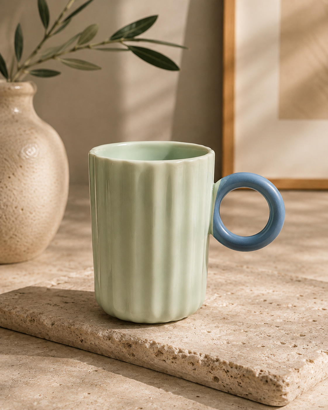 Ribbed Ceramic Mug with Round Handle