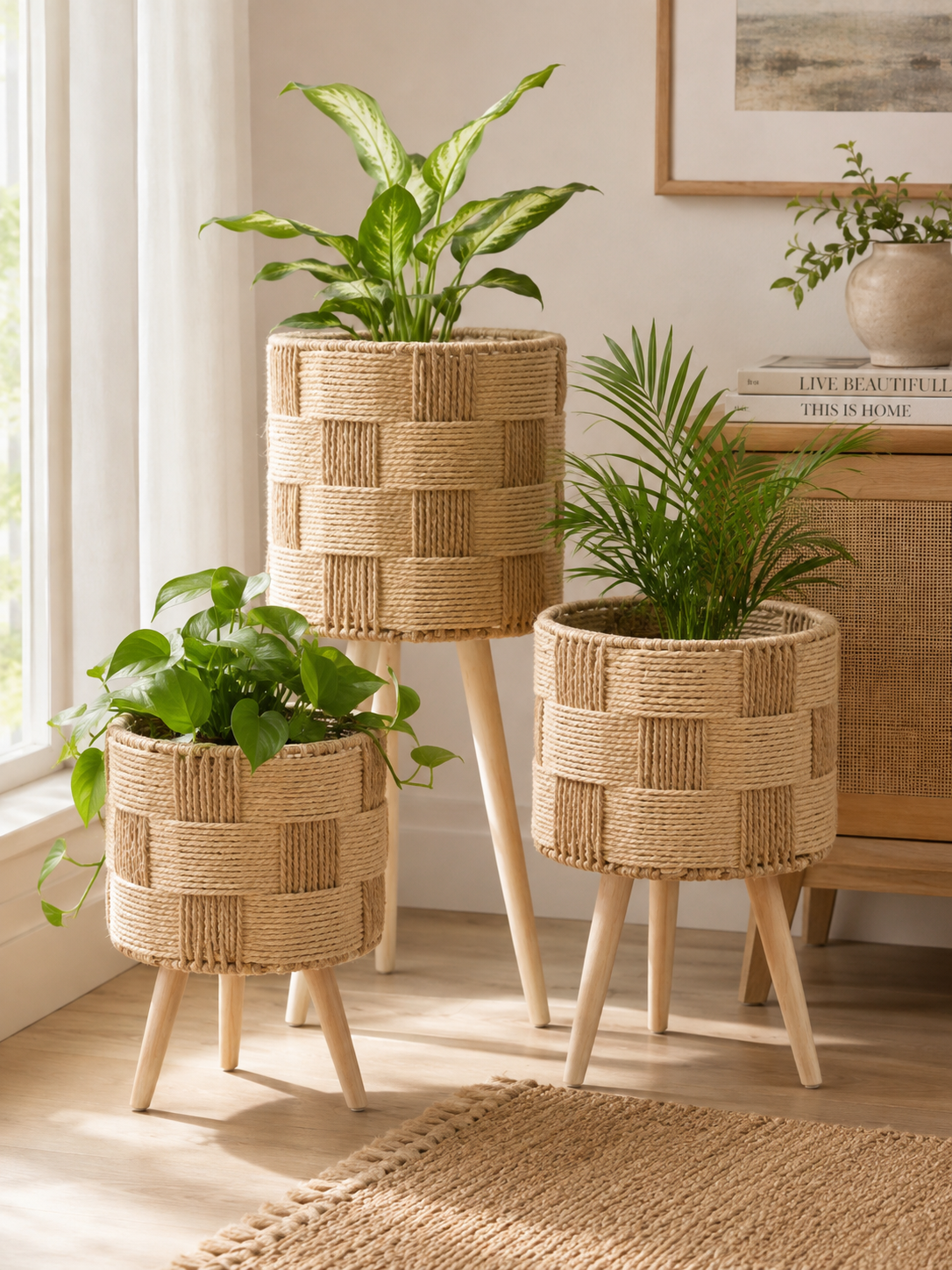 Woven Plant Stand with Wooden Legs