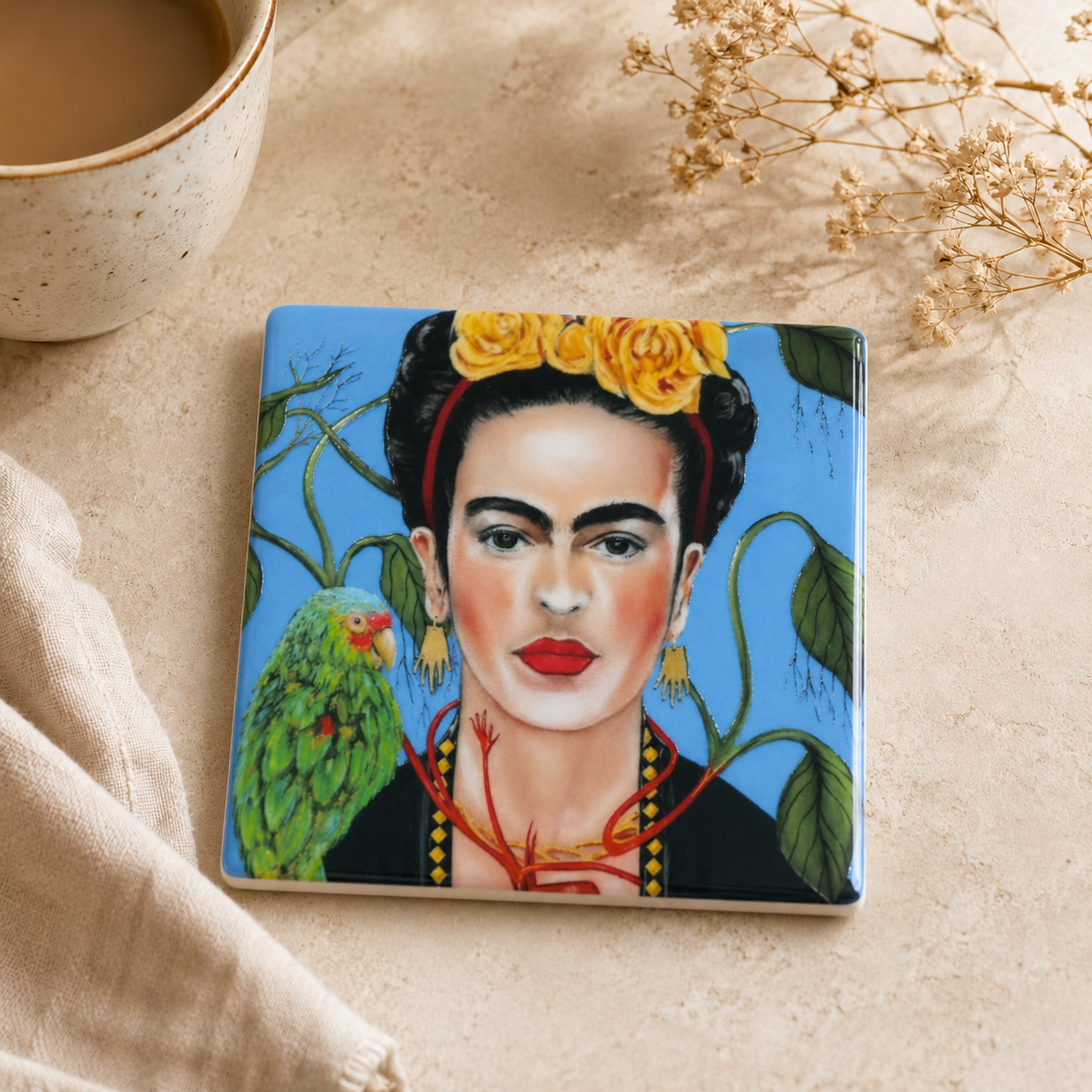 Frida-Inspired Ceramic Tile Coasters