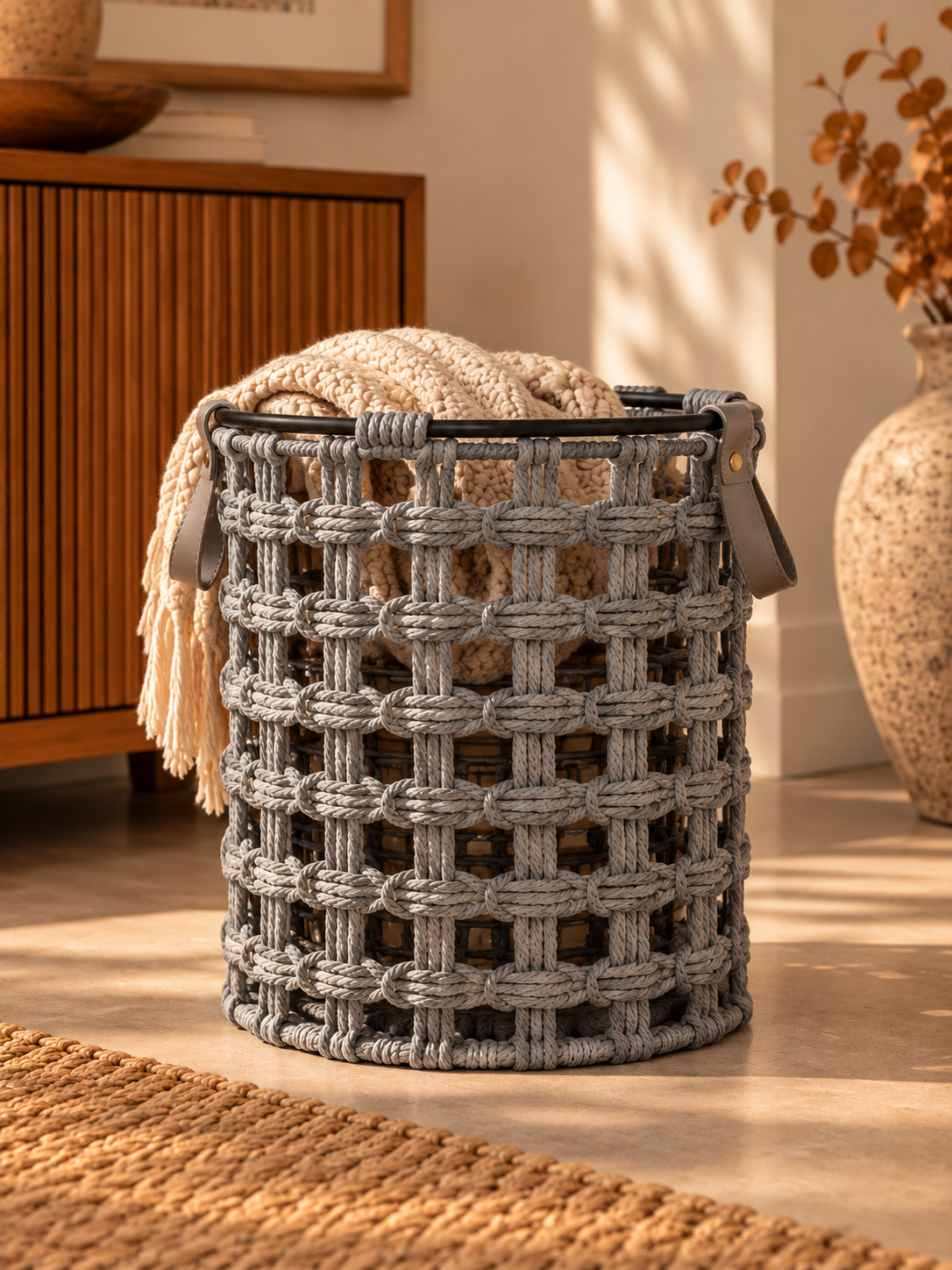Woven Storage Basket with Leather Handles