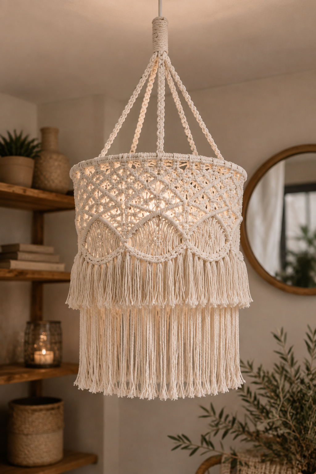 Macramé Ceiling Lamp Cover with Layered Fringe