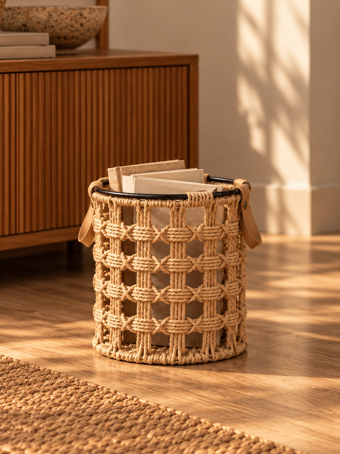 Woven Storage Basket with Leather Handles
