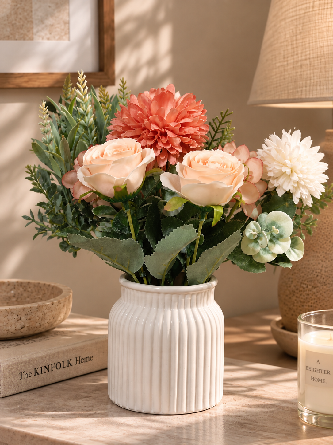 Ribbed Ceramic Mini Vases with Artificial Flowers