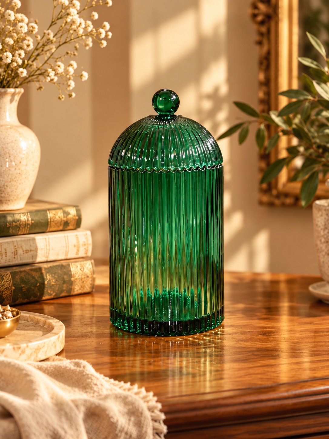 Emerald Green Ribbed Glass Storage Jars