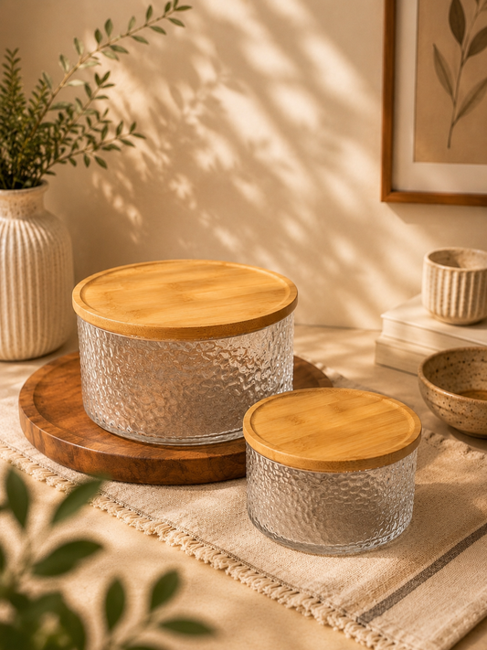 Textured Glass Storage Bowl with Wooden Lid