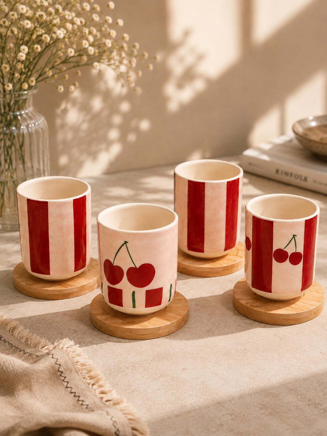Cherry Coffee Cup Set with Wooden Coasters