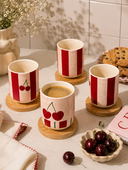 Cherry Coffee Cup Set with Wooden Coasters