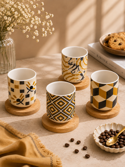 Modern Pattern Coffee Cup Set with Wooden Coasters