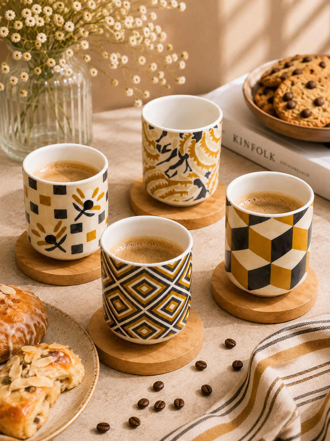 Modern Pattern Coffee Cup Set with Wooden Coasters