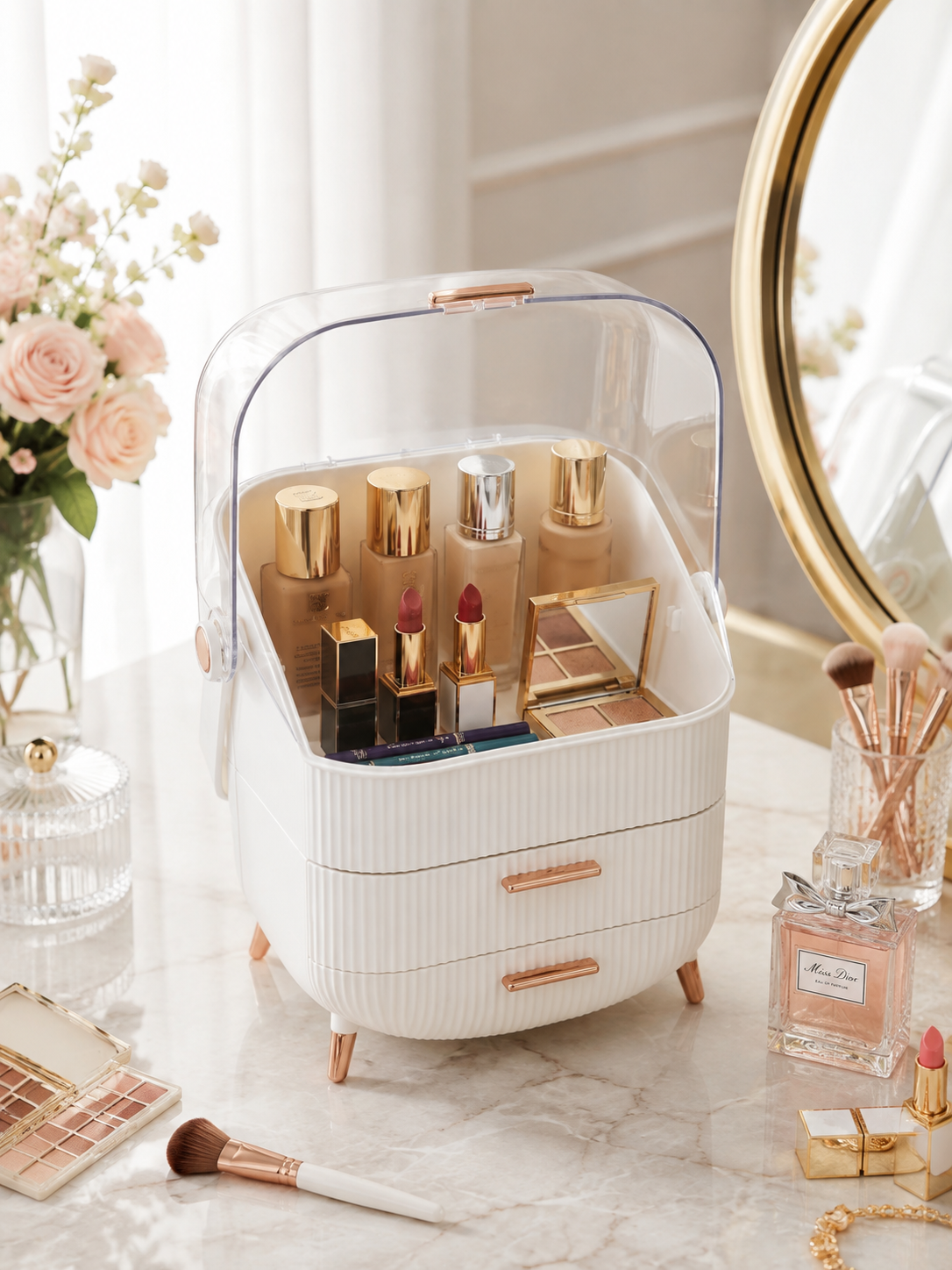 Large Makeup Organizer with Drawers & Clear Dustproof Lid