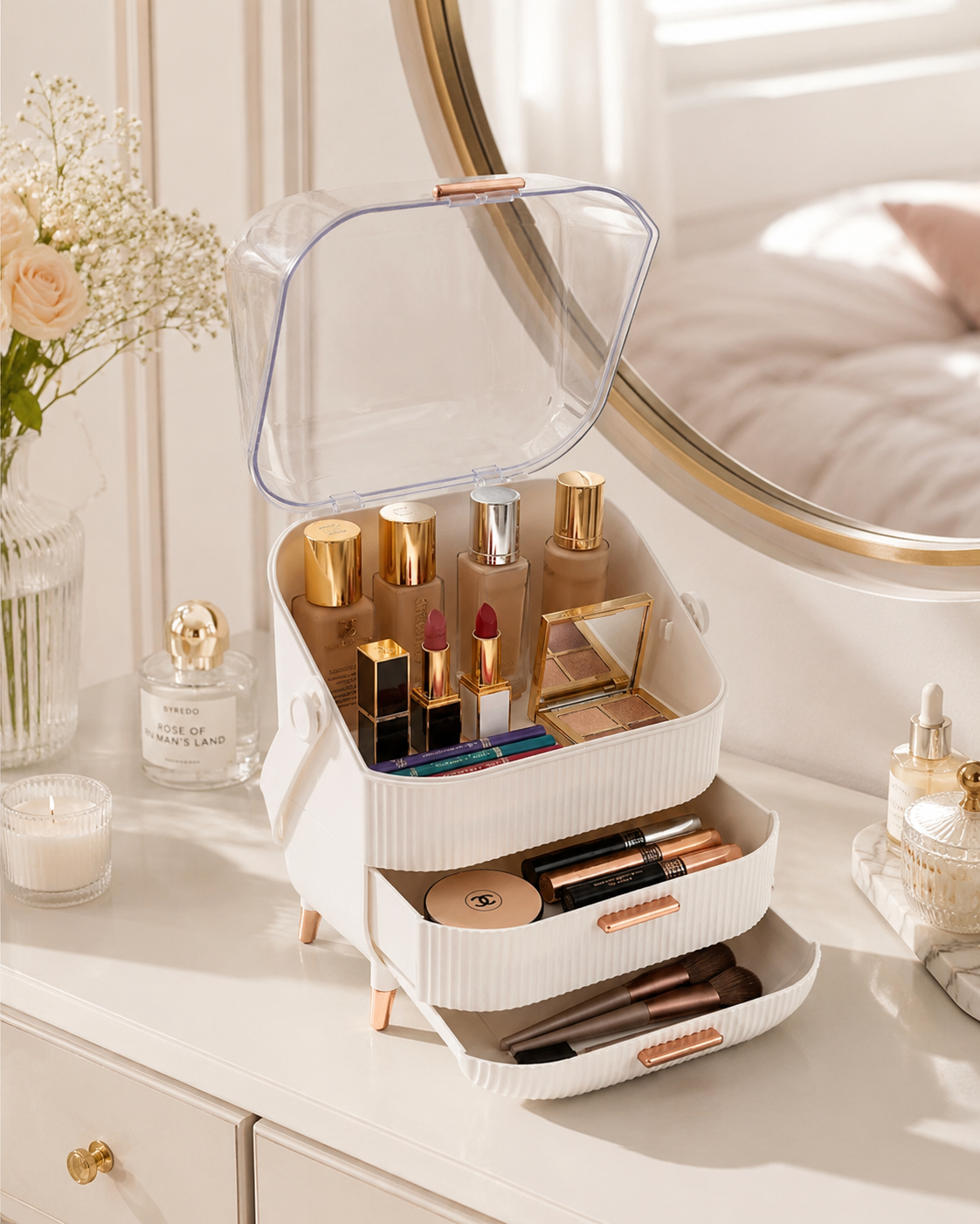 Large Makeup Organizer with Drawers & Clear Dustproof Lid