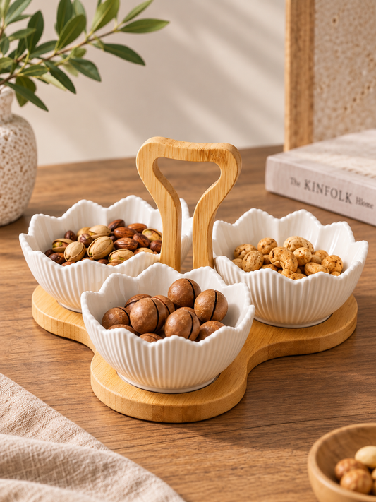 Ceramic Bowl Set with Bamboo Stand
