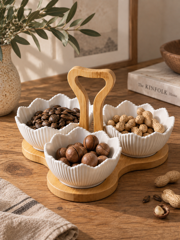 Ceramic Bowl Set with Bamboo Stand