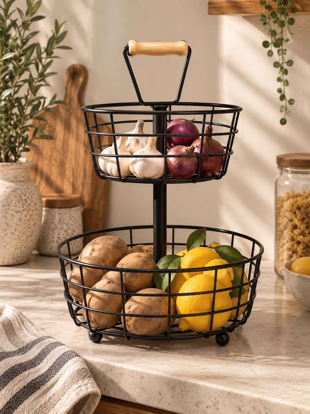 Metal Fruit & Vegetable Basket with Wooden Handle