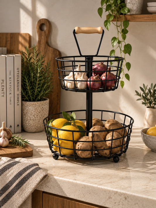Metal Fruit & Vegetable Basket with Wooden Handle