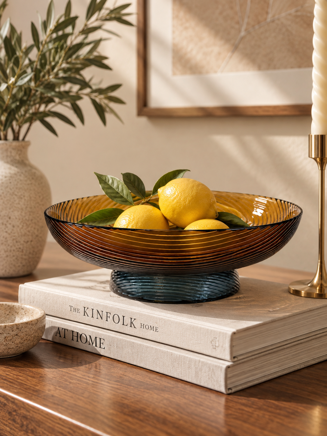 Amber Ribbed Glass Pedestal Bowl
