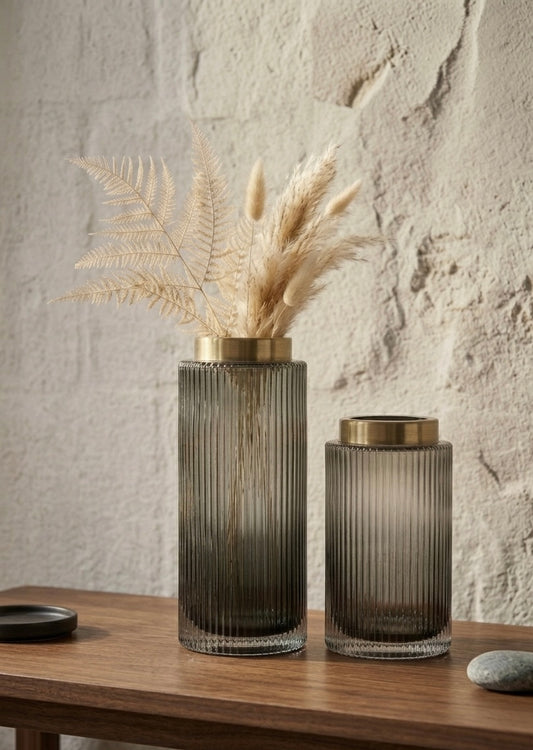 Ribbed Tinted Glass Vases with Metallic Brass Collar