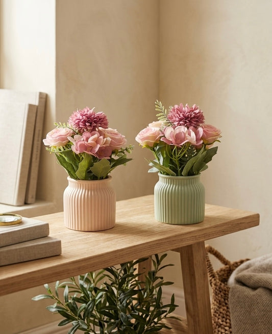 Ribbed Ceramic Mini Vases with Artificial Flowers