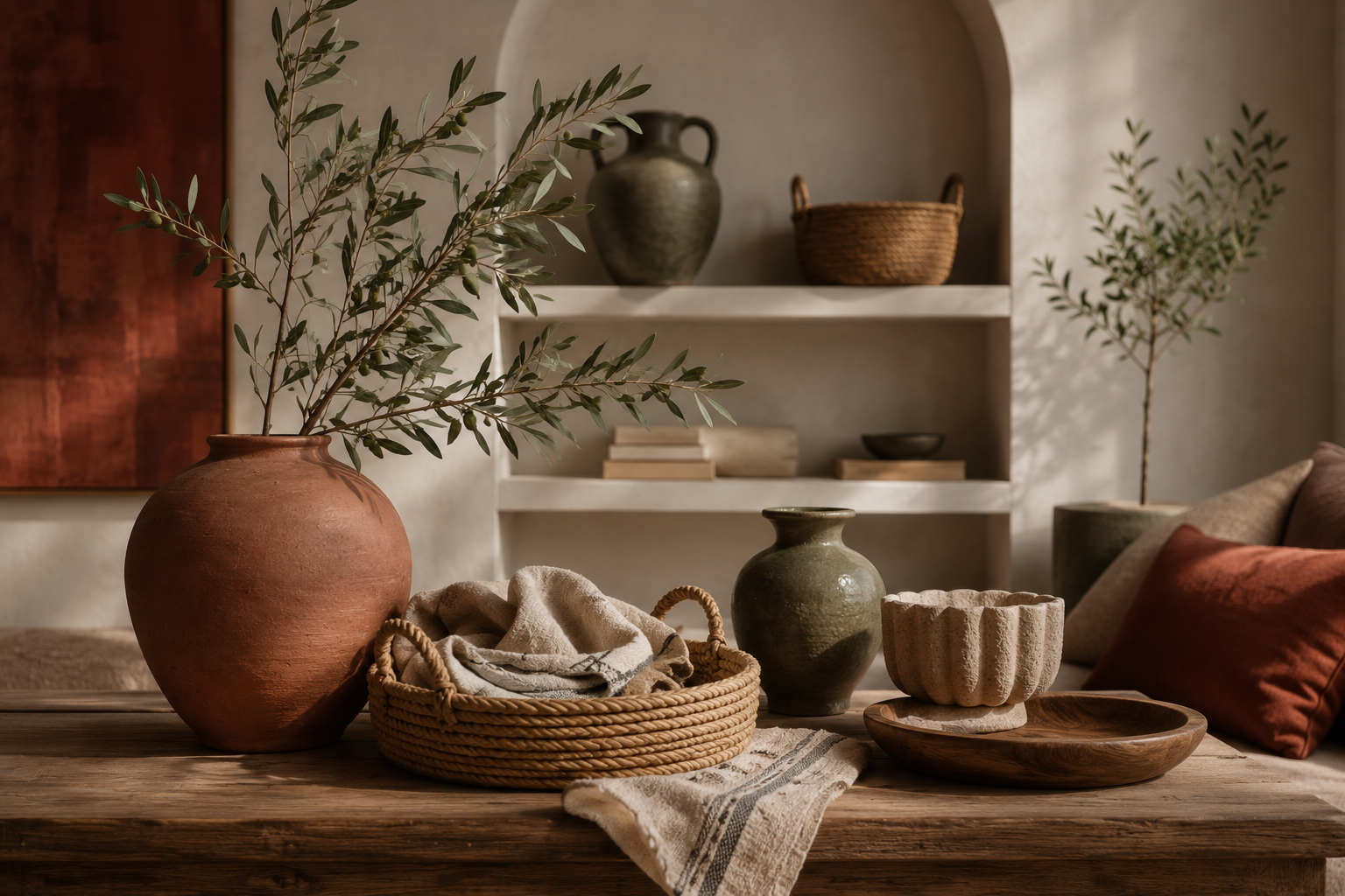 Modern home essentials including decorative vases, woven storage baskets, ceramic decor, and home accessories available in Lebanon.